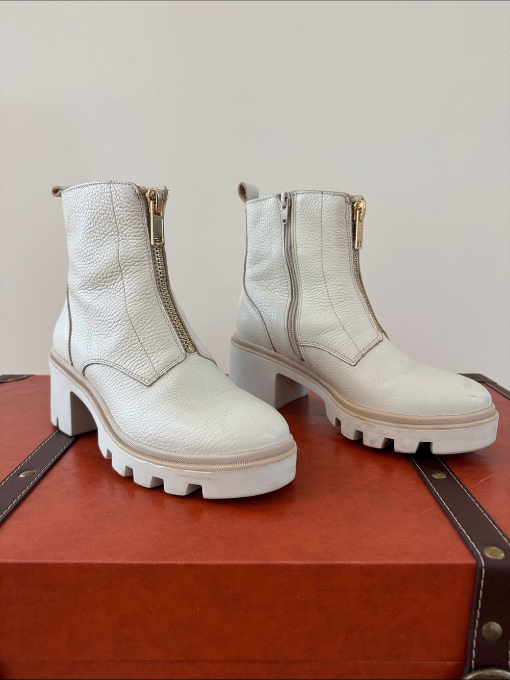 lola Cream Front-Zip Chunky Lug Ankle Boots